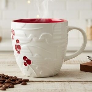 Starbucks 2010 White Christmas Mug Red Holly Berries Embossed Ceramic Cup 16 oz